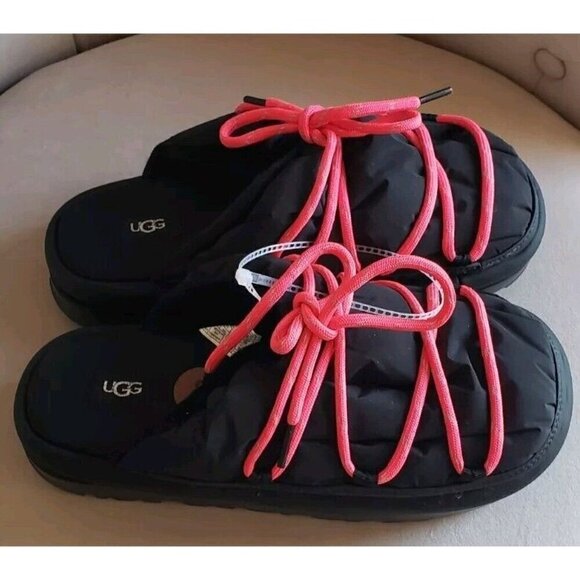 NEW UGG PUFFER SLIDERS BLACK RED  SLIPPERS SZ 8 - Picture 4 of 8